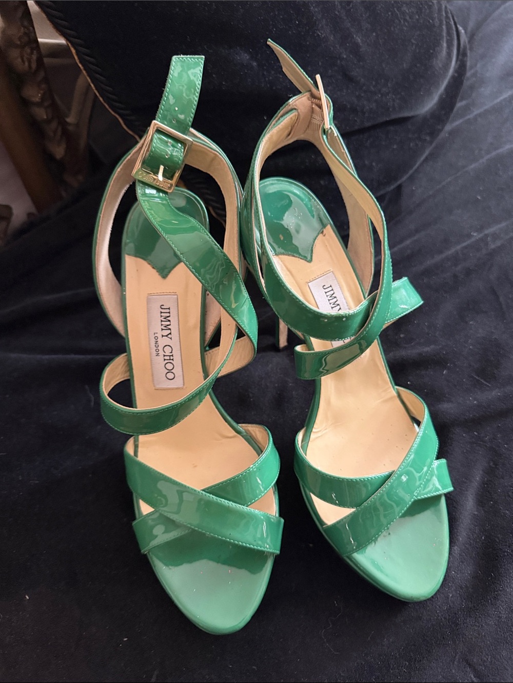Jimmy Choo Emerald Patent Leather Strappy Heels